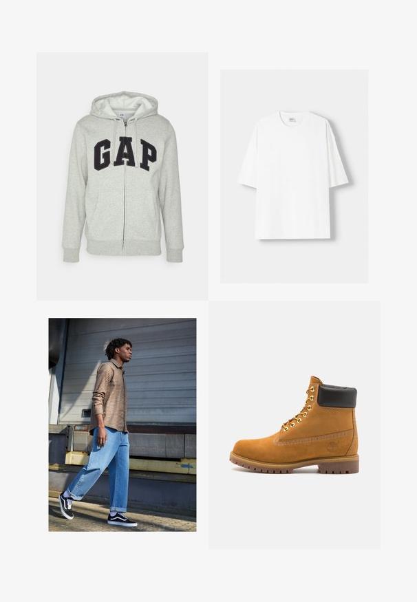 Grijze zip-up hoodie met een voorkant kangaroo zak, met een zwart "GAP" logo. Zachte stof en verstelbare trekkoordcapuchon.; Witte t-shirt met korte mouwen, gemaakt van katoen, met een ronde halslijn en een relaxte pasvorm. Gladde textuur, zonder zichtbare patronen of accenten.; Bruin geruit shirt, lichtblauwe loszittende jeans en zwarte sneakers. Kenmerken zijn opgerolde mouwen en contrasterende witte accenten op de schoenen.; Tan suède enkelboot met zwart gevoerd kraagje, gouden metalen oogjes, witte stikdetails en een robuuste rubberen zool met uitgesproken profiel.