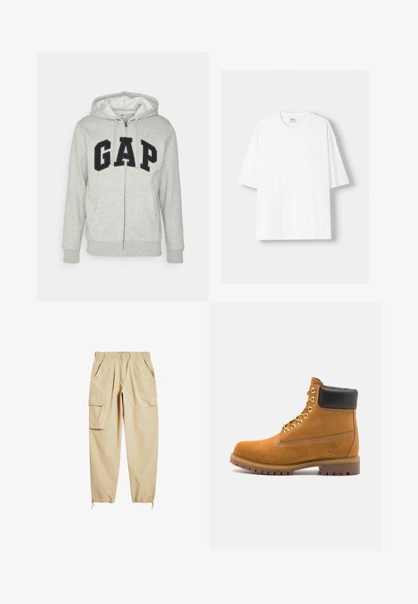 Sivá mikina na zips s prednou klokankou, s čiernym logom "GAP". Mäkká tkanina a nastaviteľná kapucňa so šnúrkou.; Biela tričko s krátkym rukávom vyrobené z bavlny, s okrúhlym výstrihom a voľným strihom. Hladká textúra, bez viditeľných vzorov alebo akcentov.; Béžové cargo nohavice vyrobené z ľahkého materiálu, s elastickým pásom, bočnými vreckami a šnúrkou na členku. Obsahujú potlačený text.; Tyrkysové semišové členkové topánky s čiernym polstrovaným golierom, zlatými kovovými očkami, bielym prešívaním a robustnou gumovou podrážkou s výraznými drážkami.