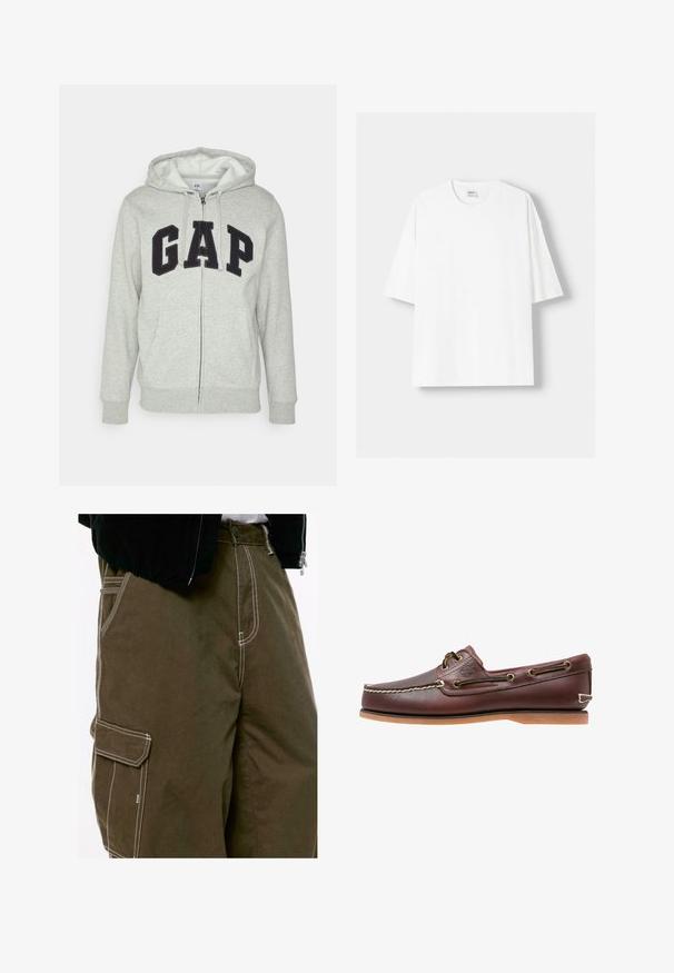 Grijze zip-up hoodie met een voorkant kangaroo zak, met een zwart "GAP" logo. Zachte stof en verstelbare trekkoordcapuchon.; Witte t-shirt met korte mouwen, gemaakt van katoen, met een ronde halslijn en een relaxte pasvorm. Gladde textuur, zonder zichtbare patronen of accenten.; Close-up van donkere olijfkleurige cargobroeken met witte contrasterende stiksels en een zijzakflap, gedragen met een zwarte jas en een wit shirt.; Bruine leren bootschoen met witte stiksels, bruine veters en een tan rubberen zool. Heeft een logo aan de zijkant en metalen oogjes voor de veters.