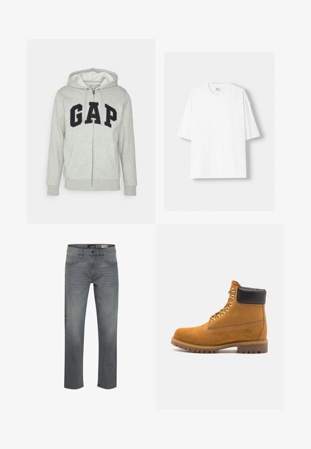Grå zip-up huvtröja med en framficka av typ känguru, med en svart "GAP"-logotyp. Mjuk tyg och justerbar dragsko på huvan.; Vit t-shirt med kort ärm, tillverkad av bomull, med rund halsringning och en avslappnad passform. Slät yta utan synliga mönster eller detaljer.; Grå denimjeans med rak passform, fem fickor, subtil blekning och en klassisk knappstängning i midjan. Slät textur och ett hållbart tyg.; Tan mockasins ankelstövlar med svart vadderad krage, guldmetallöglor, vit sömdekor och slitstöt gummisula med utmärkta mönster.