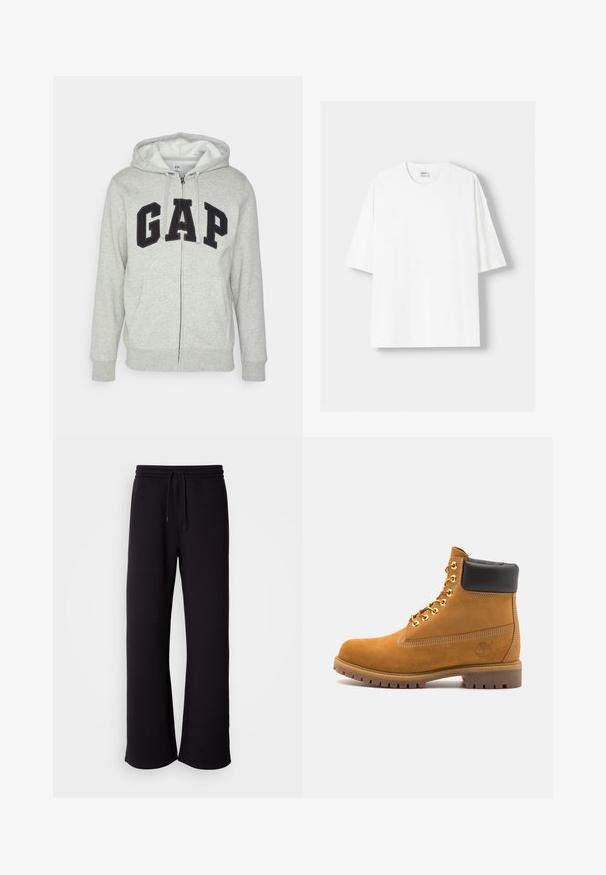 Grauer Reißverschluss-Hoodie mit einer vorderen Kängurutasche, ausgestattet mit einem schwarzen "GAP"-Logo. Weicher Stoff und verstellbare Kapuze mit Kordelzug.; Weißes kurzärmliges T-Shirt aus Baumwolle mit Rundhalsausschnitt und lockerer Passform. Glatte Textur, ohne sichtbare Muster oder Akzente.; Schwarze Jogginghose aus weichem Material, mit einem Kordelzugbund, lockerer Passform und geradem Bein. Minimalistischer Stil ohne Muster.; Beige Wildleder-Ankle-Boot mit schwarzem gepolstertem Kragen, goldenen Metallösen, weißen Nähdetalben und einer robusten Gummisohle mit ausgeprägtem Profil.