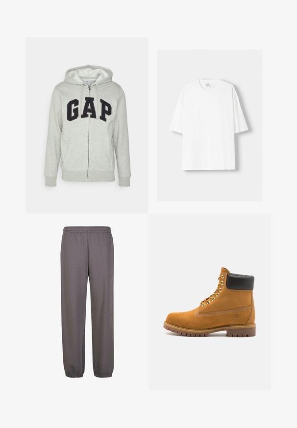 Grauer Reißverschluss-Hoodie mit einer vorderen Kängurutasche, ausgestattet mit einem schwarzen "GAP"-Logo. Weicher Stoff und verstellbare Kapuze mit Kordelzug.; Weißes kurzärmliges T-Shirt aus Baumwolle mit Rundhalsausschnitt und lockerer Passform. Glatte Textur, ohne sichtbare Muster oder Akzente.; Graue Sweatpants aus weichem Stoff mit einem elastischen Bund, seitlichen Taschen und elastischen Bündchen an den Knöcheln für eine lässige Passform.; Beige Wildleder-Ankle-Boot mit schwarzem gepolstertem Kragen, goldenen Metallösen, weißen Nähdetalben und einer robusten Gummisohle mit ausgeprägtem Profil.
