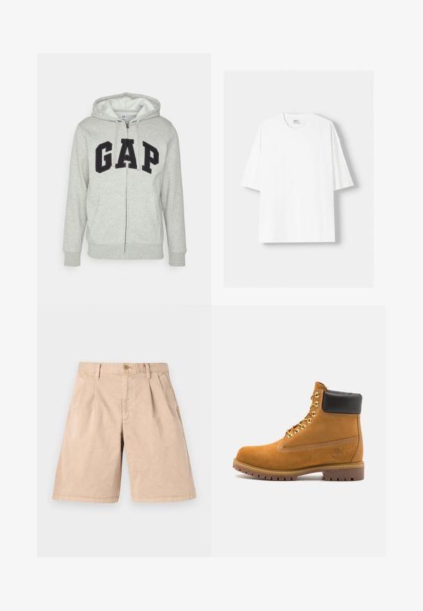 Sivi dukserica sa zatvaračem i prednjim kengur džepom, s crnim "GAP" logom. Mekana tkanina i kapuljača s podesivim vezicama.; Bijela kratkodlana majica s kratkim rukavima, izrađena od pamuka, s okruglim izrezom i opuštenim krojem. Gladak materijal, bez vidljivih uzoraka ili akcenta.; Bež kratke hlače od pamuka, ravnog kroja, s plisiranim prednjim dijelom, bočnim džepovima i jednim gumbom za zakopčavanje u struku.; Antracitne antilop čizme do gležnjeva s crnim podstavljenim ovratnikom, zlatnim metalnim rupicama, bijelim šavovima i robusnom gumenom potplatom s izraženim šarama.