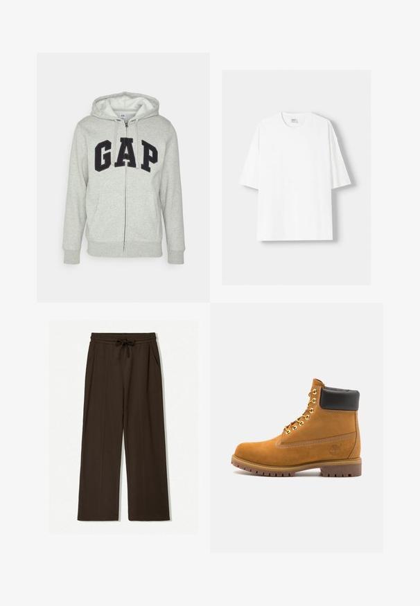 Grijze zip-up hoodie met een voorkant kangaroo zak, met een zwart "GAP" logo. Zachte stof en verstelbare trekkoordcapuchon.; Witte t-shirt met korte mouwen, gemaakt van katoen, met een ronde halslijn en een relaxte pasvorm. Gladde textuur, zonder zichtbare patronen of accenten.; Bruine wijde broek gemaakt van zacht materiaal, met een elastische tailleband met een trekkoord, twee zijzakken en een gladde textuur.; Tan suède enkelboot met zwart gevoerd kraagje, gouden metalen oogjes, witte stikdetails en een robuuste rubberen zool met uitgesproken profiel.