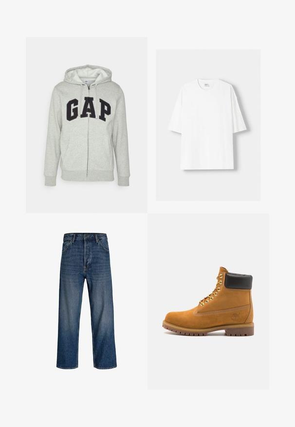 Harmaa vetoketjuhuppari, jossa on edessä kengurupussitasku ja musta "GAP"-logo. Pehmeää kangasta ja säädettävä nyöri hupparissa.; Valkoinen lyhythihainen t-paita, joka on valmistettu puuvillasta, ominaisuutenaan pyöreä pääntie ja rento istuvuus. Sileä pinta, ilman näkyviä kuvioita tai yksityiskohtia.; Farkkut lantiohousut, joissa on suora lahje, tummansininen väri ja hienovarainen kulutusjälki. Varustettu viidellä taskulla ja nappisulku.; Valkoinen nahkainen nilkkuri mustalla pehmustetulla kauluksella, kultaisilla metallisilla rei'illä, valkoisella ompeluksella ja jykevällä kumipohjalla, jossa on selvästi näkyvät urat.