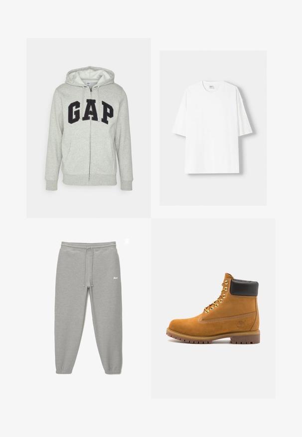Siva zip-up kapuca z zadrgo s sprednjim kengurujskim žepom, s črnim logotipom "GAP". Mehak material in nastavljiva kapuca na vrvico.; Bela kratka majica s kratkimi rokavi iz bombaža, s krožnim izrezom in sproščenim krojem. Gladka tekstura, brez vidnih vzorcev ali poudarkov.; Sive trenirke z elastičnim pasom in vrvico. Imajo zožene hlačnice in logotip na sprednjem delu. Mehka tekstura tkanine.; Svetlo rjave anklne čizme iz semiša z črnim oblazinjenim ovratnikom, zlatimi kovinskimi očesci, belimi šivi in robustnim gumijastim podplatom s izrazitimi tredi.