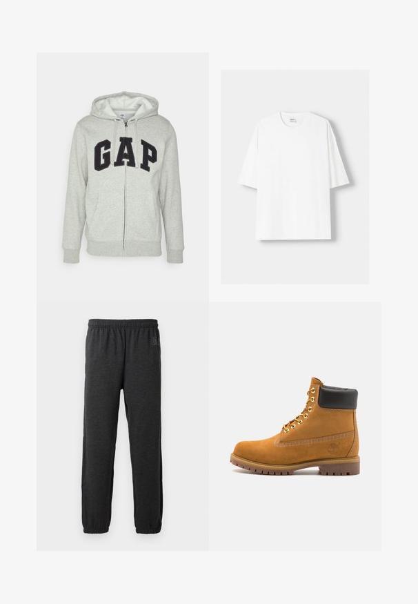 Sivá mikina na zips s prednou klokankou, s čiernym logom "GAP". Mäkká tkanina a nastaviteľná kapucňa so šnúrkou.; Biela tričko s krátkym rukávom vyrobené z bavlny, s okrúhlym výstrihom a voľným strihom. Hladká textúra, bez viditeľných vzorov alebo akcentov.; Sivé tepláky vyrobené z mäkkej látky, s elastickým pásom a zúženými nohavicami s elastickými manžetami. Diskrétna logo na jednej nohavici.; Tyrkysové semišové členkové topánky s čiernym polstrovaným golierom, zlatými kovovými očkami, bielym prešívaním a robustnou gumovou podrážkou s výraznými drážkami.