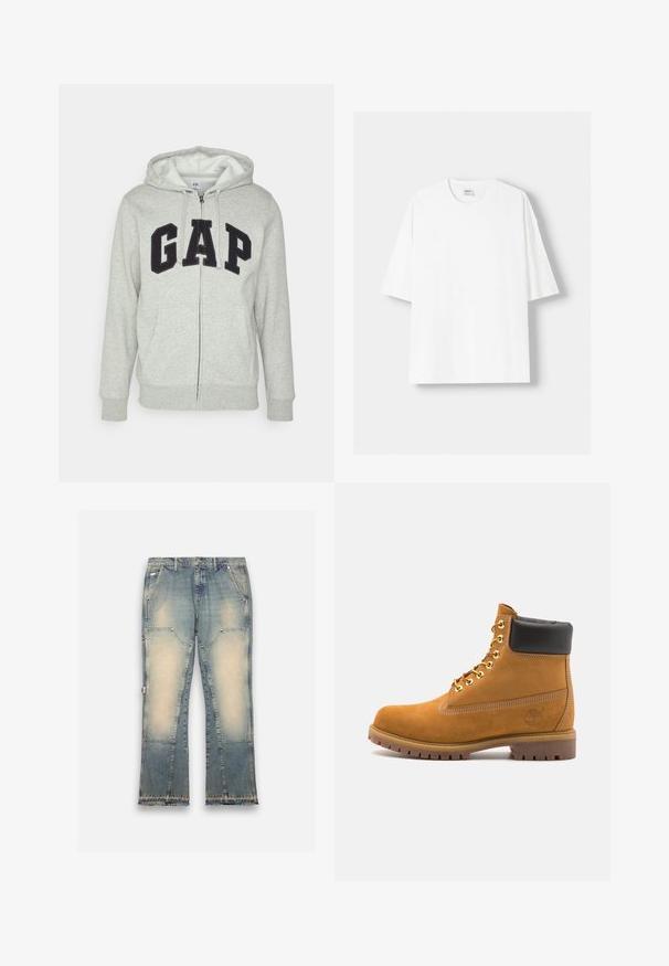 Grauer Reißverschluss-Hoodie mit einer vorderen Kängurutasche, ausgestattet mit einem schwarzen "GAP"-Logo. Weicher Stoff und verstellbare Kapuze mit Kordelzug.; Weißes kurzärmliges T-Shirt aus Baumwolle mit Rundhalsausschnitt und lockerer Passform. Glatte Textur, ohne sichtbare Muster oder Akzente.; Helle blaue Jeans aus Denim mit einem verblassten Design, weiten Beinen, fünf Taschen und ausgefransten Säumen. Mit kontrastierenden Patches für zusätzliche Textur.; Beige Wildleder-Ankle-Boot mit schwarzem gepolstertem Kragen, goldenen Metallösen, weißen Nähdetalben und einer robusten Gummisohle mit ausgeprägtem Profil.
