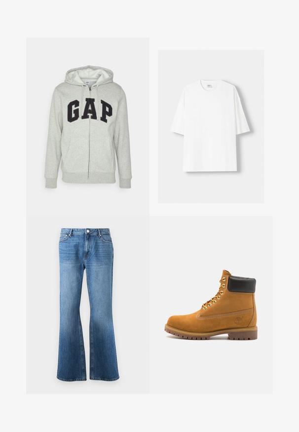 Grauer Reißverschluss-Hoodie mit einer vorderen Kängurutasche, ausgestattet mit einem schwarzen "GAP"-Logo. Weicher Stoff und verstellbare Kapuze mit Kordelzug.; Weißes kurzärmliges T-Shirt aus Baumwolle mit Rundhalsausschnitt und lockerer Passform. Glatte Textur, ohne sichtbare Muster oder Akzente.; Blaue Jeans aus Denim mit hoher Taille und weitem Bein, ausgestattet mit vorderen Taschen, Gürtelschlaufen und einem Knopfverschluss.; Beige Wildleder-Ankle-Boot mit schwarzem gepolstertem Kragen, goldenen Metallösen, weißen Nähdetalben und einer robusten Gummisohle mit ausgeprägtem Profil.