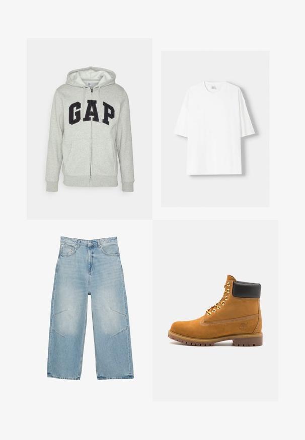 Harmaa vetoketjuhuppari, jossa on edessä kengurupussitasku ja musta "GAP"-logo. Pehmeää kangasta ja säädettävä nyöri hupparissa.; Valkoinen lyhythihainen t-paita, joka on valmistettu puuvillasta, ominaisuutenaan pyöreä pääntie ja rento istuvuus. Sileä pinta, ilman näkyviä kuvioita tai yksityiskohtia.; Vaaleansiniset leveälahkeiset farkut, joissa on näkyvät saumat, kaksi etutaskua ja kulmikkaat leikkaukset lahkeissa.; Valkoinen nahkainen nilkkuri mustalla pehmustetulla kauluksella, kultaisilla metallisilla rei'illä, valkoisella ompeluksella ja jykevällä kumipohjalla, jossa on selvästi näkyvät urat.