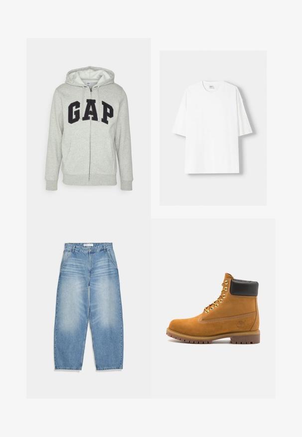 Siva zip-up kapuca z zadrgo s sprednjim kengurujskim žepom, s črnim logotipom "GAP". Mehak material in nastavljiva kapuca na vrvico.; Bela kratka majica s kratkimi rokavi iz bombaža, s krožnim izrezom in sproščenim krojem. Gladka tekstura, brez vidnih vzorcev ali poudarkov.; Svijetloplave traper široke hlače sa zatvaračem, pet džepova i izblijedjelim detaljima. Tkanina ima mekanu teksturu s ravnim krojem.; Svetlo rjave anklne čizme iz semiša z črnim oblazinjenim ovratnikom, zlatimi kovinskimi očesci, belimi šivi in robustnim gumijastim podplatom s izrazitimi tredi.
