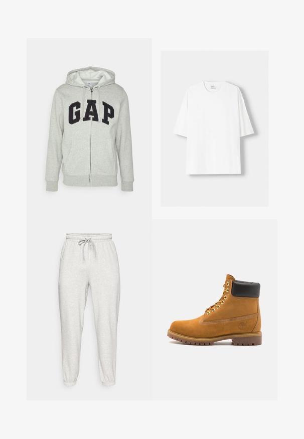Grijze zip-up hoodie met een voorkant kangaroo zak, met een zwart "GAP" logo. Zachte stof en verstelbare trekkoordcapuchon.; Witte t-shirt met korte mouwen, gemaakt van katoen, met een ronde halslijn en een relaxte pasvorm. Gladde textuur, zonder zichtbare patronen of accenten.; Lichtgrijze sweatpants met een elastische tailleband, trekkoord en taps toelopende boorden. Gemaakt van zachte, gestructureerde stof. Geen zichtbare patronen.; Tan suède enkelboot met zwart gevoerd kraagje, gouden metalen oogjes, witte stikdetails en een robuuste rubberen zool met uitgesproken profiel.