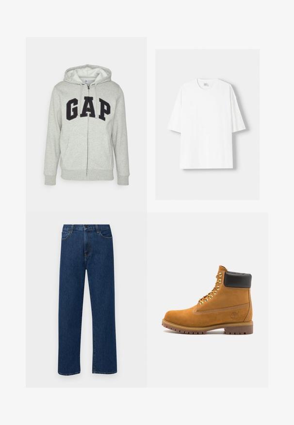 Siva zip-up kapuca z zadrgo s sprednjim kengurujskim žepom, s črnim logotipom "GAP". Mehak material in nastavljiva kapuca na vrvico.; Bela kratka majica s kratkimi rokavi iz bombaža, s krožnim izrezom in sproščenim krojem. Gladka tekstura, brez vidnih vzorcev ali poudarkov.; Temno modri jeans ravne krojenje z naprsnimi žepi in gumbom za zapiranje, prikazani na enostavni beli podlagi.; Svetlo rjave anklne čizme iz semiša z črnim oblazinjenim ovratnikom, zlatimi kovinskimi očesci, belimi šivi in robustnim gumijastim podplatom s izrazitimi tredi.
