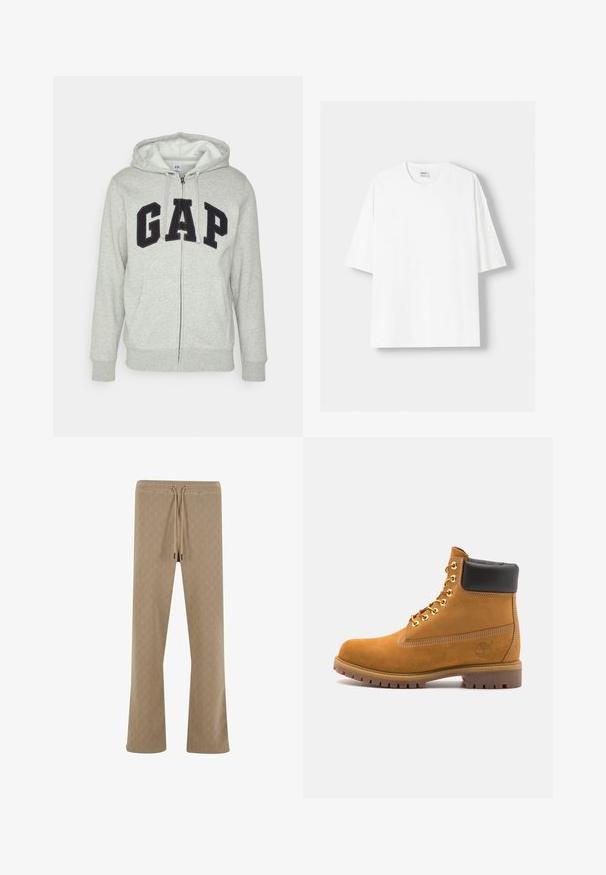 Harmaa vetoketjuhuppari, jossa on edessä kengurupussitasku ja musta "GAP"-logo. Pehmeää kangasta ja säädettävä nyöri hupparissa.; Valkoinen lyhythihainen t-paita, joka on valmistettu puuvillasta, ominaisuutenaan pyöreä pääntie ja rento istuvuus. Sileä pinta, ilman näkyviä kuvioita tai yksityiskohtia.; Beige hiharöjset, med elastisk midja, dragsko-stängning och avslappnad passform, med ett subtilt geometriskt mönster.; Valkoinen nahkainen nilkkuri mustalla pehmustetulla kauluksella, kultaisilla metallisilla rei'illä, valkoisella ompeluksella ja jykevällä kumipohjalla, jossa on selvästi näkyvät urat.