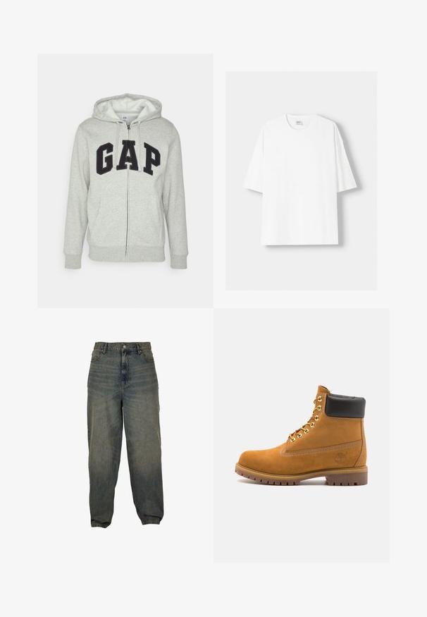 Siva zip-up kapuca z zadrgo s sprednjim kengurujskim žepom, s črnim logotipom "GAP". Mehak material in nastavljiva kapuca na vrvico.; Bela kratka majica s kratkimi rokavi iz bombaža, s krožnim izrezom in sproščenim krojem. Gladka tekstura, brez vidnih vzorcev ali poudarkov.; Svijetloplave traperice visoko struka sa širokim nogavicama, koje imaju pet džepova i prednje kopčanje na dugme. Izblijedjela pranja s suptilnom teksturom.; Svetlo rjave anklne čizme iz semiša z črnim oblazinjenim ovratnikom, zlatimi kovinskimi očesci, belimi šivi in robustnim gumijastim podplatom s izrazitimi tredi.