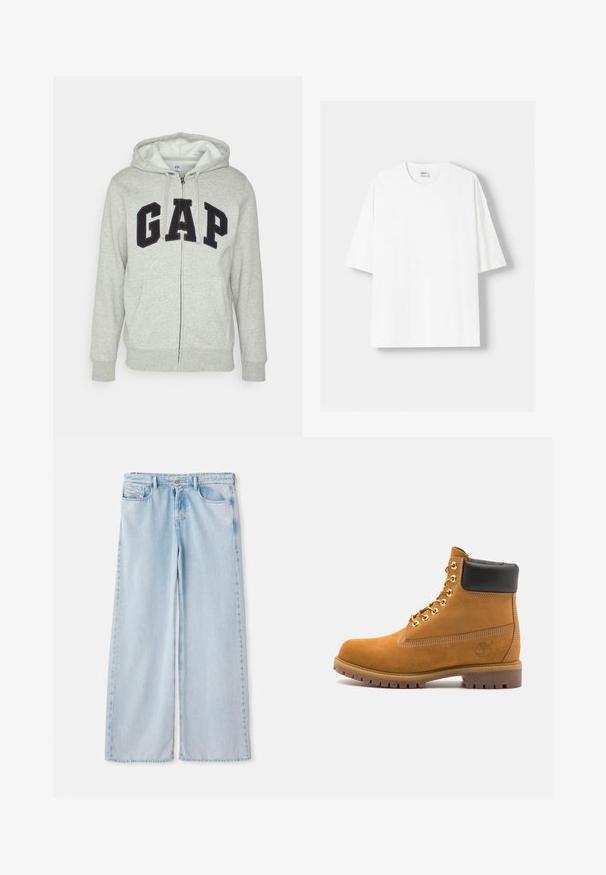Grå zip-up huvtröja med en framficka av typ känguru, med en svart "GAP"-logotyp. Mjuk tyg och justerbar dragsko på huvan.; Vit t-shirt med kort ärm, tillverkad av bomull, med rund halsringning och en avslappnad passform. Slät yta utan synliga mönster eller detaljer.; Ljusblå vida jeans med en klassisk femficksdesign, som har en standard midja och ofärgad fåll. Mjuk denimtextur med lätt urtvättning.; Tan mockasins ankelstövlar med svart vadderad krage, guldmetallöglor, vit sömdekor och slitstöt gummisula med utmärkta mönster.