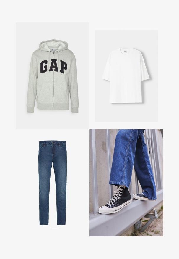Hanorac gri cu fermoar, prevăzut cu o buză frontală tip kangur, având un logo negru "GAP". Material moale și glugă ajustabilă cu șnur.; Tricou alb cu mânecă scurtă, confecționat din bumbac, cu un decolteu rotund și o croială lejeră. Textură netedă, fără modele sau accente vizibile.; Blugi albaștri închisi din denim, material de greutate medie, design cu picior drept, stil cu cinci buzunare, cu închidere frontală cu nasture și bucle pentru curea.; Tenisi negri tip gheată cu talpă și șireturi albe, asortați cu blugi albaștri largi, sprijiniți pe un balustradă gri.