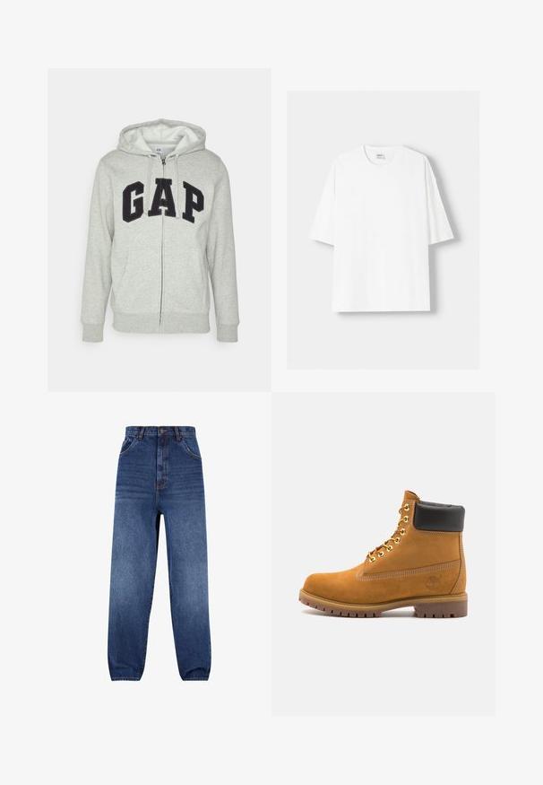 Gray zip-up hoodie with a front kangaroo pocket, featuring a black "GAP" logo. Soft fabric and adjustable drawstring hood.; White short-sleeved t-shirt made from cotton, featuring a round neckline and a relaxed fit. Smooth texture, with no visible patterns or accents.; Denim jeans in dark blue. High-waisted design with a relaxed fit. Features front pockets and subtle fading effect on the legs.; Tan suede ankle boot with black padded collar, gold metal eyelets, white stitching detailing, and rugged rubber sole with pronounced treads.