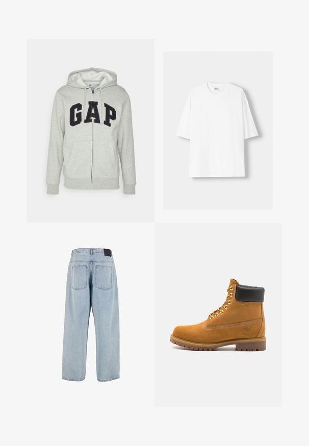 Grå zip-up huvtröja med en framficka av typ känguru, med en svart "GAP"-logotyp. Mjuk tyg och justerbar dragsko på huvan.; Vit t-shirt med kort ärm, tillverkad av bomull, med rund halsringning och en avslappnad passform. Slät yta utan synliga mönster eller detaljer.; Ljusblå, högmidjade jeans i denim med lös passform, två bakfickor och en svart läderetikett i midjan. Raka ben.; Tan mockasins ankelstövlar med svart vadderad krage, guldmetallöglor, vit sömdekor och slitstöt gummisula med utmärkta mönster.