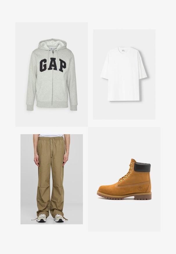 Szürke cipzáras kapucnis felső, elülső kenguruzsebbel, fekete "GAP" logóval. Puha anyag és állítható zsinóros kapucni.; Fehér, rövid ujjú pamut póló, kerek nyakkivágással és laza szabással. Simább textúra, látható minták vagy díszítések nélkül.; Világos khaki cargo nadrág elasztikus derékkal, zsinórral való záródással és széles, laza fazonnal. Oldalsó zsebekkel rendelkezik és sima szövettextúrájú.; Barna velúr bokacipő fekete párnázott gallérral, arany fém fűzőlyukakkal, fehér varrási részletekkel és durva gumitalppal, amelynek kifejezett barázdái vannak.