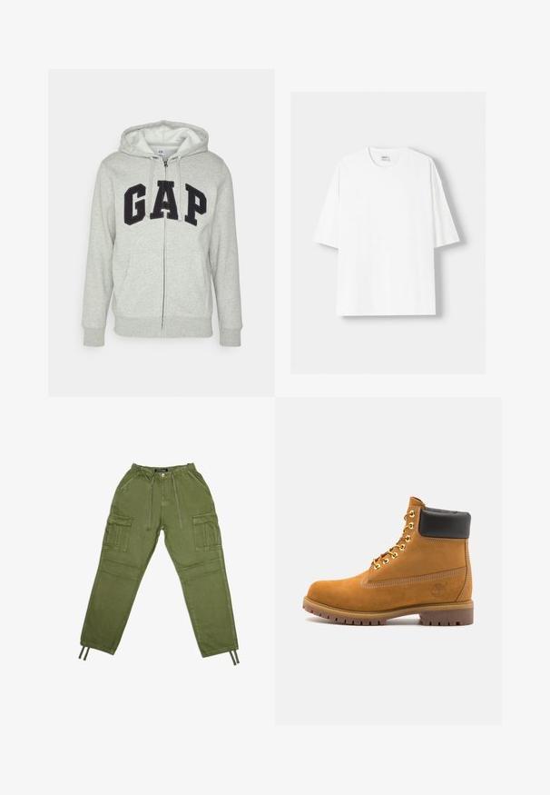 Gray zip-up hoodie with a front kangaroo pocket, featuring a black "GAP" logo. Soft fabric and adjustable drawstring hood.; White short-sleeved t-shirt made from cotton, featuring a round neckline and a relaxed fit. Smooth texture, with no visible patterns or accents.; Olive green cargo pants made of lightweight fabric, featuring an elastic waistband, drawstrings, and multiple side pockets.; Tan suede ankle boot with black padded collar, gold metal eyelets, white stitching detailing, and rugged rubber sole with pronounced treads.