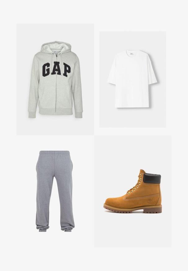 Grå zip-up hoodie med en front kangaroo-lomme, der har et sort "GAP" logo. Blødt stof og justerbar hætte med snor.; Hvid kortærmet T-shirt lavet af bomuld, med rund halsudskæring og en afslappet pasform. Glat tekstur, uden synlige mønstre eller detaljer.; Grå sweatpants lavet af blødt stof, med elastisk talje, sidelommer og tapered manchetter ved anklerne for en afslappet pasform.; Tan nubuck ankelstøvle med sort polstret krave, gyldne metaløjer, hvid syning detaljer og robust gummisål med udtalte slidbaner.