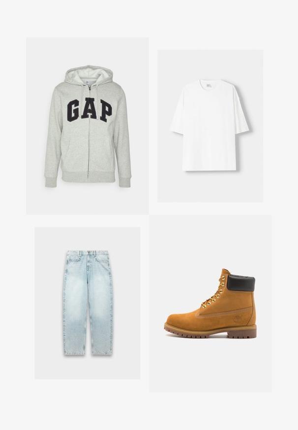 Sivi dukserica sa zatvaračem i prednjim kengur džepom, s crnim "GAP" logom. Mekana tkanina i kapuljača s podesivim vezicama.; Bijela kratkodlana majica s kratkim rukavima, izrađena od pamuka, s okruglim izrezom i opuštenim krojem. Gladak materijal, bez vidljivih uzoraka ili akcenta.; Svijetloplave traperice s labavim krojem, ravnim nogavicama, izblijedjelom teksturom, dizajnom s pet džepova i metalnim gumbom za zatvaranje na pojasu.; Antracitne antilop čizme do gležnjeva s crnim podstavljenim ovratnikom, zlatnim metalnim rupicama, bijelim šavovima i robusnom gumenom potplatom s izraženim šarama.