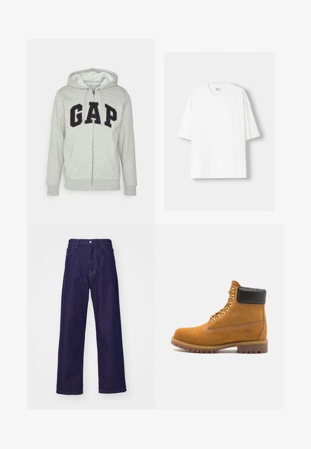 Šedá mikina s kapsou na klokanku a zipem, s černým logem "GAP". Měkká látka a nastavitelné stahovací kapuce.; Bílá krátkosrstá tričko s krátkým rukávem vyrobené z bavlny, se zaobleným výstřihem a volným střihem. Hladká textura, bez viditelných vzorů nebo akcentů.; Tmavě modré denimové kalhoty s širokými nohavicemi a vysokým pasem, s předními kapsami a zapínáním na knoflík, s hladkou a pevnou texturou.; Hnědé semišové kotníkové boty s černým polstrovaným límcem, zlatými kovovými očky, bílým prošíváním a odolnou gumovou podrážkou s výraznými drážkami.