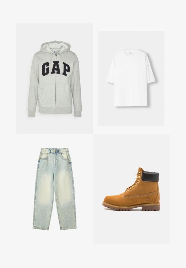 Szara bluza z kapturem na zamek z przednią kieszenią typu kangur, z czarnym logo "GAP". Miękka tkanina i regulowany kaptur z sznurkiem.; Biała koszulka z krótkim rękawem wykonana z bawełny, z okrągłym dekoltem i luźnym krojem. Gładka faktura, bez widocznych wzorów lub akcentów.; Jasnoniebieskie, wysokie dżinsy o luźnym kroju, z przetartymi łatami i delikatnym przecieraniem. Klasyczny pięciokomorowy fason z guzikowym zapięciem.; Beżowe zamszowe botki sięgające kostki z czarną wyściełaną krawędzią, złotymi oczkami, białymi detalami szycia oraz wytrzymałą gumową podeszwą z wyraźnym bieżnikiem.