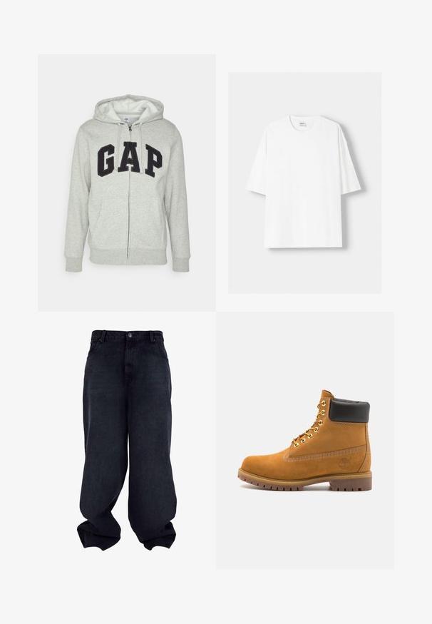 Szara bluza z kapturem na zamek z przednią kieszenią typu kangur, z czarnym logo "GAP". Miękka tkanina i regulowany kaptur z sznurkiem.; Biała koszulka z krótkim rękawem wykonana z bawełny, z okrągłym dekoltem i luźnym krojem. Gładka faktura, bez widocznych wzorów lub akcentów.; Czarne dżinsowe spodnie typu wide-leg o gładkiej fakturze, z pięcioma kieszeniami i zapięciem na guzik. Charakteryzują się luźnym krojem i zwężonym dołem.; Beżowe zamszowe botki sięgające kostki z czarną wyściełaną krawędzią, złotymi oczkami, białymi detalami szycia oraz wytrzymałą gumową podeszwą z wyraźnym bieżnikiem.