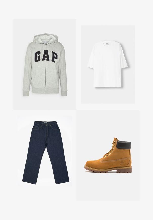 Szara bluza z kapturem na zamek z przednią kieszenią typu kangur, z czarnym logo "GAP". Miękka tkanina i regulowany kaptur z sznurkiem.; Biała koszulka z krótkim rękawem wykonana z bawełny, z okrągłym dekoltem i luźnym krojem. Gładka faktura, bez widocznych wzorów lub akcentów.; Granatowe dżinsy o prostym kroju, z żółtym przeszyciem, pięcioma kieszeniami i zapięciem na guzik w talii.; Beżowe zamszowe botki sięgające kostki z czarną wyściełaną krawędzią, złotymi oczkami, białymi detalami szycia oraz wytrzymałą gumową podeszwą z wyraźnym bieżnikiem.