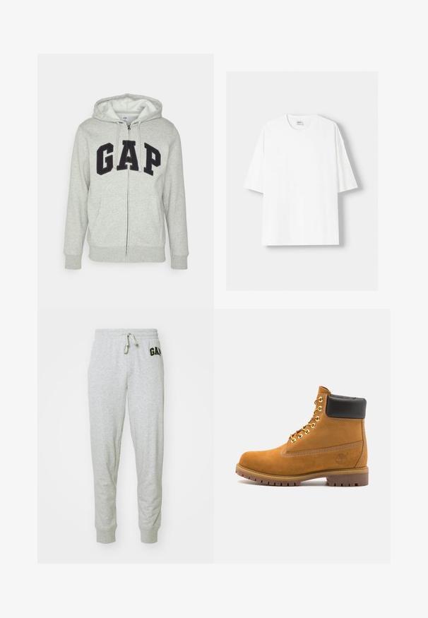 Szürke cipzáras kapucnis felső, elülső kenguruzsebbel, fekete "GAP" logóval. Puha anyag és állítható zsinóros kapucni.; Fehér, rövid ujjú pamut póló, kerek nyakkivágással és laza szabással. Simább textúra, látható minták vagy díszítések nélkül.; GAP HERITAGE LOGO JOGGER - Tréningruha alsók - grey; Barna velúr bokacipő fekete párnázott gallérral, arany fém fűzőlyukakkal, fehér varrási részletekkel és durva gumitalppal, amelynek kifejezett barázdái vannak.