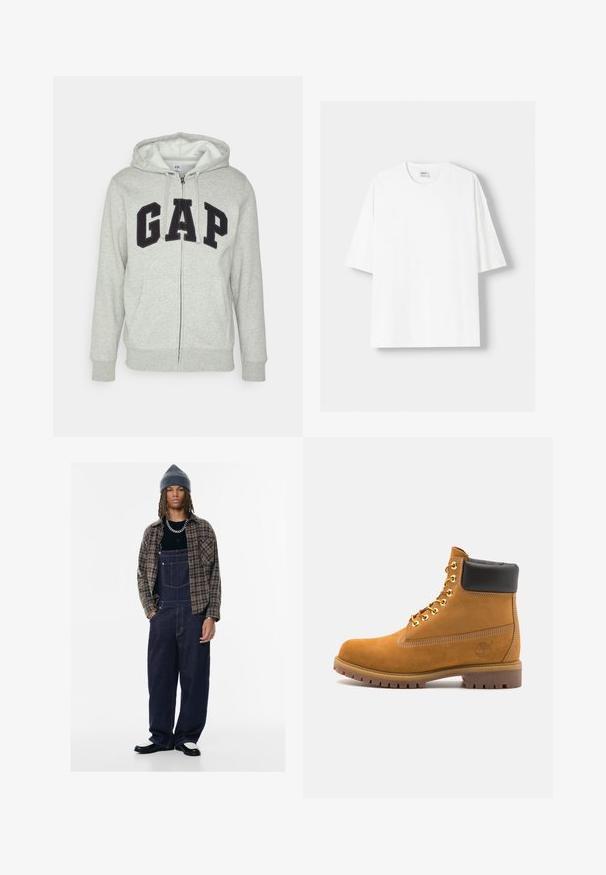Hanorac gri cu fermoar, prevăzut cu o buză frontală tip kangur, având un logo negru "GAP". Material moale și glugă ajustabilă cu șnur.; Tricou alb cu mânecă scurtă, confecționat din bumbac, cu un decolteu rotund și o croială lejeră. Textură netedă, fără modele sau accente vizibile.; Salopete din denim de culoare albastru închis, cu buzunare laterale, purtate cu o cămașă neagră și o cămașă cu carouri maro. Căciulă tricotată gri și pantofi în culori contrastante.; Cizmă de gleznă din întoarsă de culoare bej, cu guler negru căptușit, ochiuri din metal auriu, detalii de cusătură albă și talpă din cauciuc robustă, cu un model pronunțat.