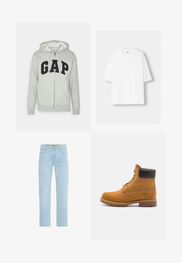Szara bluza z kapturem na zamek z przednią kieszenią typu kangur, z czarnym logo "GAP". Miękka tkanina i regulowany kaptur z sznurkiem.; Biała koszulka z krótkim rękawem wykonana z bawełny, z okrągłym dekoltem i luźnym krojem. Gładka faktura, bez widocznych wzorów lub akcentów.; Jasnoniebieskie dżinsy wykonane z denimu, z prostymi nogawkami, klasycznym pięciopakowym stylem i metalowym zapięciem z przodu.; Beżowe zamszowe botki sięgające kostki z czarną wyściełaną krawędzią, złotymi oczkami, białymi detalami szycia oraz wytrzymałą gumową podeszwą z wyraźnym bieżnikiem.