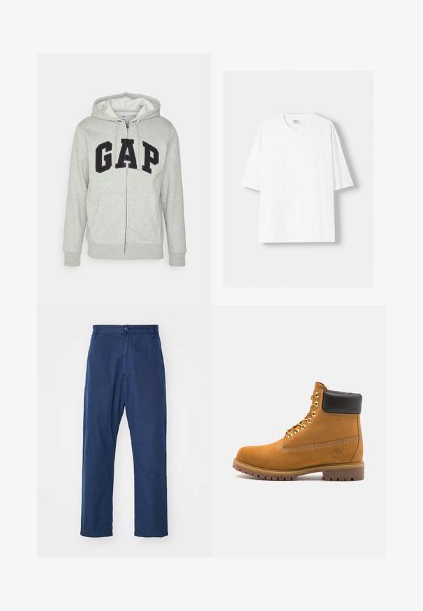 Szürke cipzáras kapucnis felső, elülső kenguruzsebbel, fekete "GAP" logóval. Puha anyag és állítható zsinóros kapucni.; Fehér, rövid ujjú pamut póló, kerek nyakkivágással és laza szabással. Simább textúra, látható minták vagy díszítések nélkül.; Tengerészkék, egyenes lábú, pamut nadrág. Elöl gombos záródással és finom textúrával rendelkezik, oldalzsebekkel és övhurkokkal.; Barna velúr bokacipő fekete párnázott gallérral, arany fém fűzőlyukakkal, fehér varrási részletekkel és durva gumitalppal, amelynek kifejezett barázdái vannak.