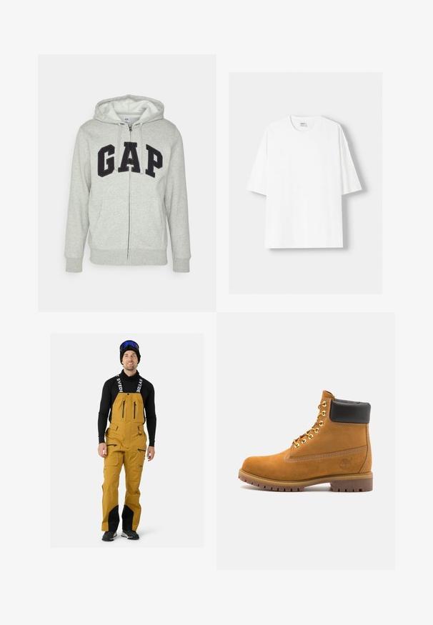 Grauer Reißverschluss-Hoodie mit einer vorderen Kängurutasche, ausgestattet mit einem schwarzen "GAP"-Logo. Weicher Stoff und verstellbare Kapuze mit Kordelzug.; Weißes kurzärmliges T-Shirt aus Baumwolle mit Rundhalsausschnitt und lockerer Passform. Glatte Textur, ohne sichtbare Muster oder Akzente.; Gelbe Skihosen mit schwarzen Akzenten und Reißverschlüssen. Verfügt über verstellbare Träger und eine glatte Textur. Wird über einem schwarzen Langarmshirt getragen.; Beige Wildleder-Ankle-Boot mit schwarzem gepolstertem Kragen, goldenen Metallösen, weißen Nähdetalben und einer robusten Gummisohle mit ausgeprägtem Profil.