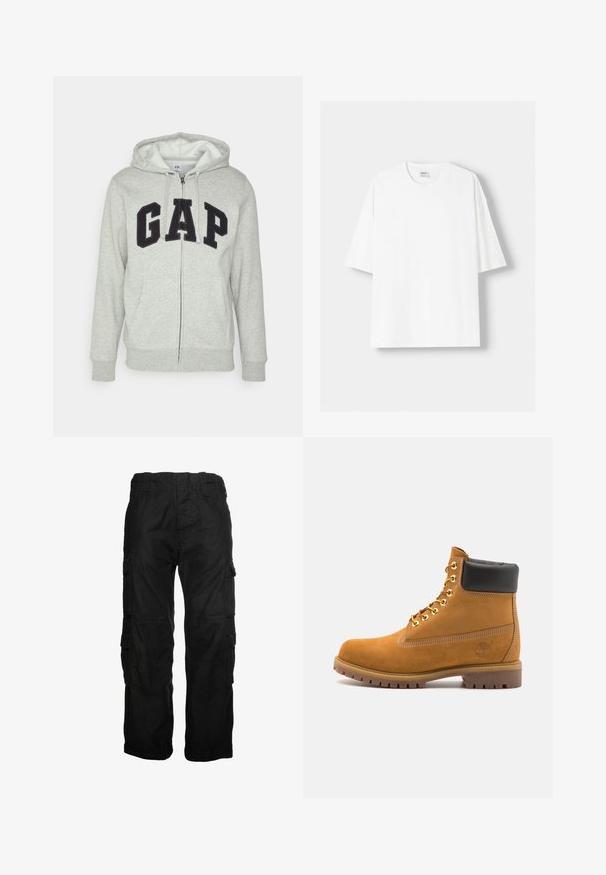 Haut zippé gris avec une poche kangourou à l'avant, arborant un logo "GAP" noir. Tissu doux et capuche avec cordon de serrage ajustable.; T-shirt blanc à manches courtes en coton, avec un col rond et une coupe décontractée. Texture lisse, sans motifs ni accents visibles.; Pantalons cargo noirs en coton, avec plusieurs poches latérales, une taille élastique et une coupe décontractée. Texture lisse avec des détails de couture.; Bottine en daim beige avec un col rembourré noir, œillets en métal doré, détails de surpiqûres blanches et semelle en caoutchouc robuste avec des crampons prononcés.