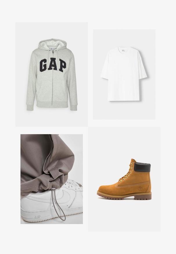 Sivi dukserica sa zatvaračem i prednjim kengur džepom, s crnim "GAP" logom. Mekana tkanina i kapuljača s podesivim vezicama.; Bijela kratkodlana majica s kratkim rukavima, izrađena od pamuka, s okruglim izrezom i opuštenim krojem. Gladak materijal, bez vidljivih uzoraka ili akcenta.; Svijetlosivi dukserica hlače s rastezljivim manžetama, u kombinaciji s bijelim tenisicama koje imaju teksturirani potplat i posebne detalje s logotipom.; Antracitne antilop čizme do gležnjeva s crnim podstavljenim ovratnikom, zlatnim metalnim rupicama, bijelim šavovima i robusnom gumenom potplatom s izraženim šarama.