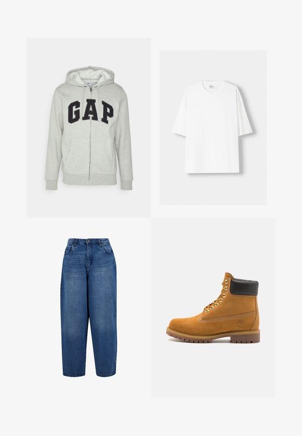 Gray zip-up hoodie with a front kangaroo pocket, featuring a black "GAP" logo. Soft fabric and adjustable drawstring hood.; White short-sleeved t-shirt made from cotton, featuring a round neckline and a relaxed fit. Smooth texture, with no visible patterns or accents.; High-waisted, straight-leg jeans in medium blue denim. Features five-pocket design, metal button closure, and double-stitched hem.; Tan suede ankle boot with black padded collar, gold metal eyelets, white stitching detailing, and rugged rubber sole with pronounced treads.