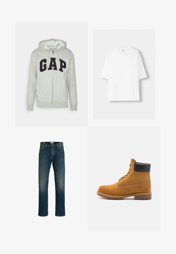 Šedá mikina s kapsou na klokanku a zipem, s černým logem "GAP". Měkká látka a nastavitelné stahovací kapuce.; Bílá krátkosrstá tričko s krátkým rukávem vyrobené z bavlny, se zaobleným výstřihem a volným střihem. Hladká textura, bez viditelných vzorů nebo akcentů.; Džínové kalhoty s prostředním modrým omakem, rovný střih, klasický pětikusový design a světle blednutí na stehnech pro texturu.; Hnědé semišové kotníkové boty s černým polstrovaným límcem, zlatými kovovými očky, bílým prošíváním a odolnou gumovou podrážkou s výraznými drážkami.