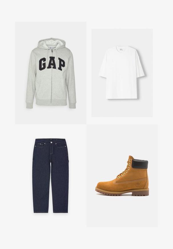 Szürke cipzáras kapucnis felső, elülső kenguruzsebbel, fekete "GAP" logóval. Puha anyag és állítható zsinóros kapucni.; Fehér, rövid ujjú pamut póló, kerek nyakkivágással és laza szabással. Simább textúra, látható minták vagy díszítések nélkül.; Sötétkék farmer cargo nadrág egyenes szabással, látható sárga varratokkal, elülső és oldalsó zsebekkel, valamint fémből készült gombos záródással.; Barna velúr bokacipő fekete párnázott gallérral, arany fém fűzőlyukakkal, fehér varrási részletekkel és durva gumitalppal, amelynek kifejezett barázdái vannak.