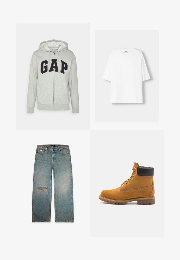 Sivi dukserica sa zatvaračem i prednjim kengur džepom, s crnim "GAP" logom. Mekana tkanina i kapuljača s podesivim vezicama.; Bijela kratkodlana majica s kratkim rukavima, izrađena od pamuka, s okruglim izrezom i opuštenim krojem. Gladak materijal, bez vidljivih uzoraka ili akcenta.; Svijetloplave traperice s labavim krojem, koje imaju drvenu rupu na koljenu i klasičan dizajn s pet džepova. Nezašiven rub na dnu.; Antracitne antilop čizme do gležnjeva s crnim podstavljenim ovratnikom, zlatnim metalnim rupicama, bijelim šavovima i robusnom gumenom potplatom s izraženim šarama.