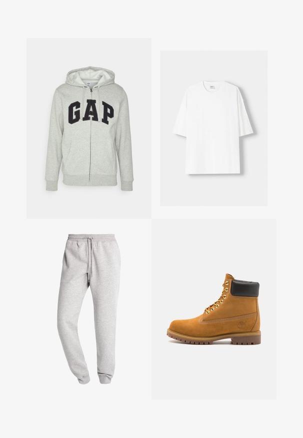 Sivá mikina na zips s prednou klokankou, s čiernym logom "GAP". Mäkká tkanina a nastaviteľná kapucňa so šnúrkou.; Biela tričko s krátkym rukávom vyrobené z bavlny, s okrúhlym výstrihom a voľným strihom. Hladká textúra, bez viditeľných vzorov alebo akcentov.; Urban Classics BASIC SWEATPANTS - Tepláky - grey; Tyrkysové semišové členkové topánky s čiernym polstrovaným golierom, zlatými kovovými očkami, bielym prešívaním a robustnou gumovou podrážkou s výraznými drážkami.