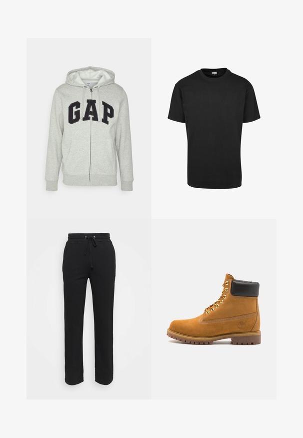 Gray zip-up hoodie with a front kangaroo pocket, featuring a black "GAP" logo. Soft fabric and adjustable drawstring hood.; Black cotton T-shirt with a crew neckline, short sleeves, and a straight hem. Smooth texture; simple, unadorned design.; Black sweatpants made of a soft fabric with an elastic waistband and adjustable drawstring. Features straight legs and no visible pockets.; Tan suede ankle boot with black padded collar, gold metal eyelets, white stitching detailing, and rugged rubber sole with pronounced treads.