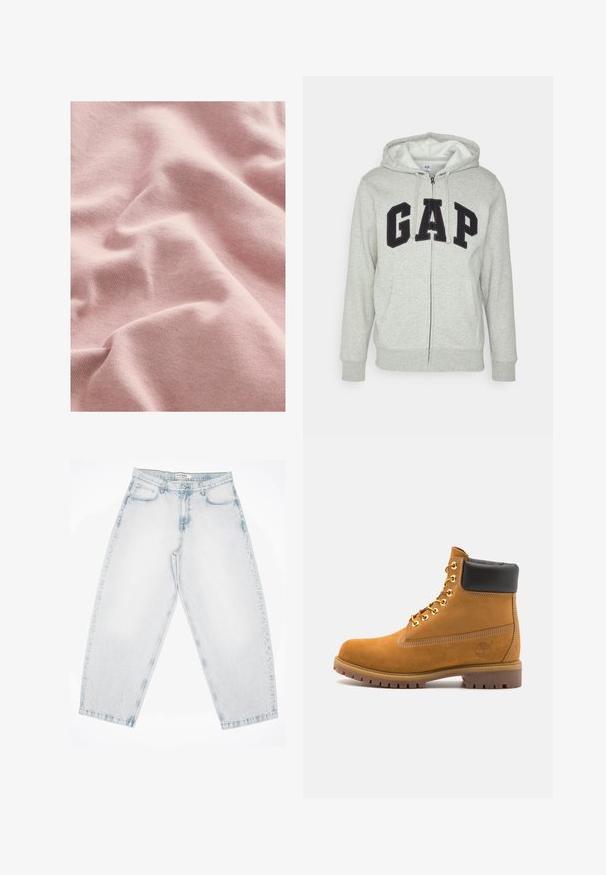 Hallikate zip-up jakiga, millel on ees kangaroo tasku ja must "GAP" logo. Pehme kangas ja reguleeritav dressipluusi kapuuts.; Pehme materjal, tekstuuriga roosa kangas koos kudumismustriga, näidates õrnu voldid ja langeb. Ideaalseks riiete või pehmete sisustuselementide jaoks.; Heledad sinised teksad, millel on lõdva, kotjaks sobiv istuvus. Omab viit taskut, nööbisuletust ja õmblustega kaunistust. Pleekinud tekstuur ja sirged jalad.; Küpset tan suede sääreboot musta pehmea kraega, kuldsed metallist silmad, valge õmblemise detailid ja robustne kummist tallaga, millel on väljendunud mustrid.