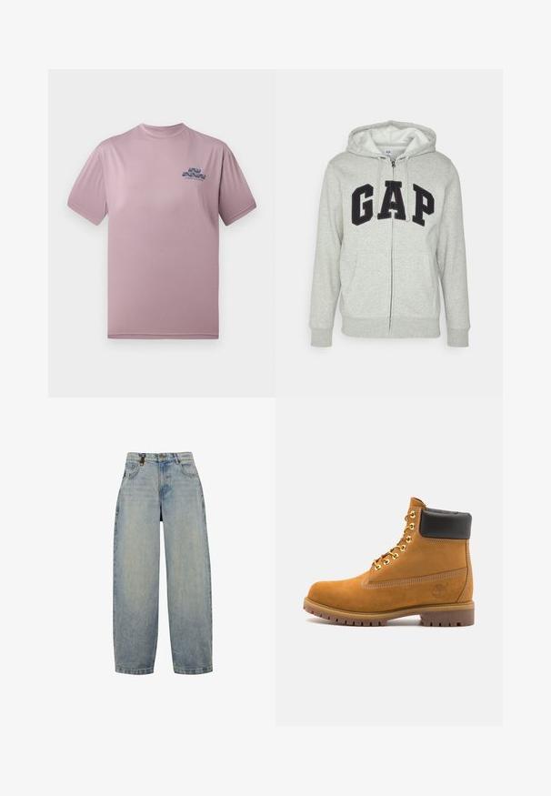 Hallikate zip-up jakiga, millel on ees kangaroo tasku ja must "GAP" logo. Pehme kangas ja reguleeritav dressipluusi kapuuts.; Heled roosa lühikeste varrukatega T-särk sileda kangaga; vasakul rinnal on sinine graafiline disain. Ümar kaelus.; Heledad sinine teksad, mis on lõdva lõikega, kõrge vöökohaga, laiad sääred, klassikaline viie tasku disain ning metallist detailid.; Küpset tan suede sääreboot musta pehmea kraega, kuldsed metallist silmad, valge õmblemise detailid ja robustne kummist tallaga, millel on väljendunud mustrid.