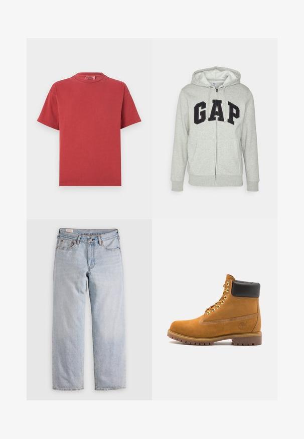 Siva zip-up kapuca z zadrgo s sprednjim kengurujskim žepom, s črnim logotipom "GAP". Mehak material in nastavljiva kapuca na vrvico.; Rde majica iz bombaža s krožnim izrezom in kratkimi rokavi, ki ima mehak občutek in sproščen kroj. Brez vidnih vzorcev ali kovinskih podrobnosti.; Svijetloplave traperice ravnog kroja s visokim strukom, kopčanje na dugme, te prednjim i stražnjim džepovima, prikazane na ravnoj površini.; Svetlo rjave anklne čizme iz semiša z črnim oblazinjenim ovratnikom, zlatimi kovinskimi očesci, belimi šivi in robustnim gumijastim podplatom s izrazitimi tredi.