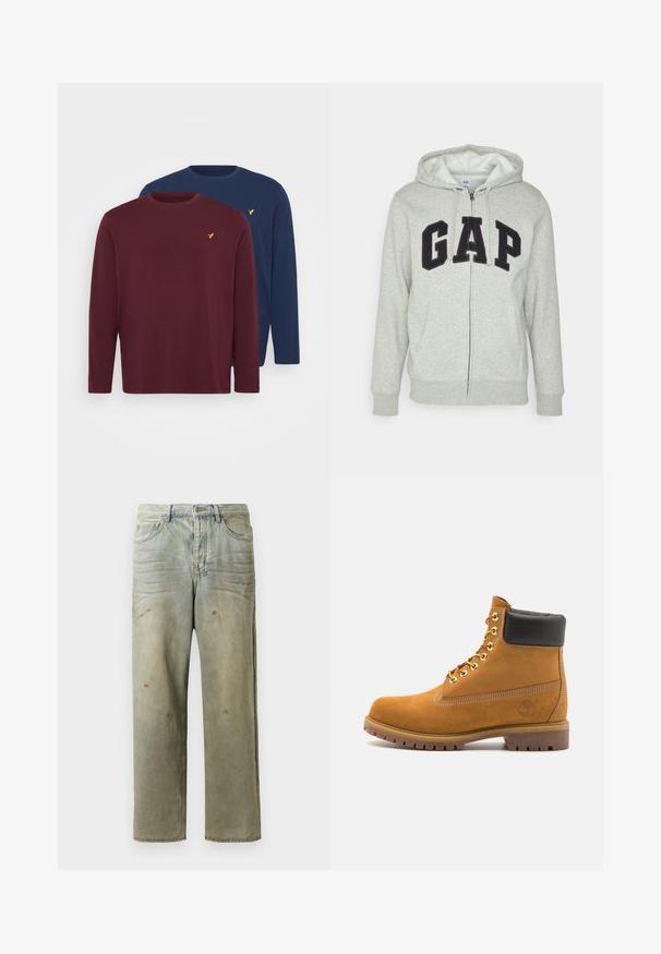 Pelēks zamšs kapuces jaku ar priekšējo kangoru kabatu, kurai ir melns "GAP" logo. Mīksts audums un regulējama pārvilkšanas kapuce.; Pier One 2 PACK - Tops ar garām piedurknēm - bordeaux/dark blue; Izsistās džinsās gaisā zaļā krāsā, ar taisnu kāju, piecu kabatu dizainu un nevienmērīgu izbalēšanu, kā arī krāsas šļakatas.; Brūna zamša potīte ar melnu izšuvumu ap kaklu, zelta metāla acu caurumi, balta šuvju apdare un izturīgs gumijas zole ar izteiktu zīmējumu.