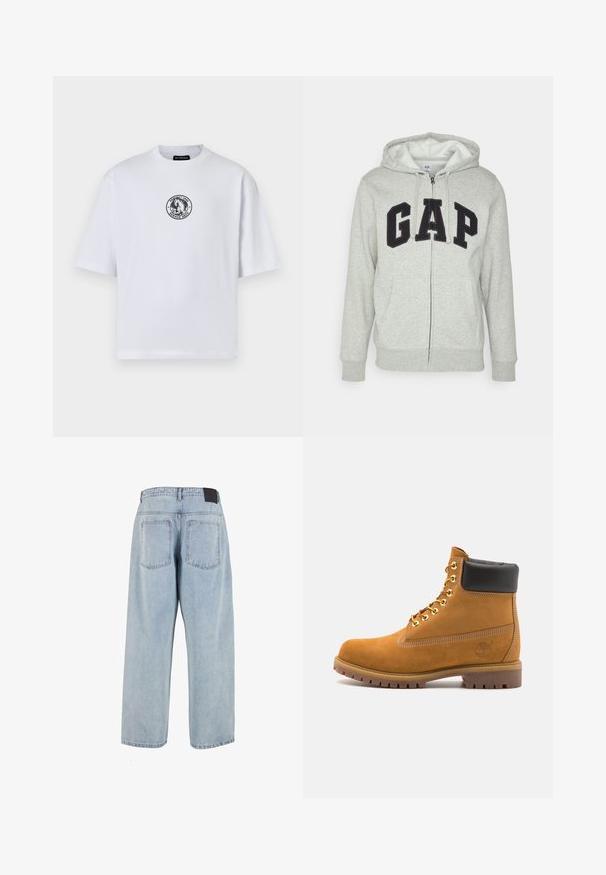 Sudadera gris con cremallera y bolsillo tipo canguro en el frente, con el logo negro de "GAP". Tela suave y capucha ajustable con cordón.; Camiseta de algodón blanca con mangas cortas, que presenta un logotipo gráfico negro circular en el frontal. Diseño de cuello redondo, corte relajado.; Jeans de mezclilla de tiro alto en azul claro, con un corte holgado, dos bolsillos traseros y una etiqueta de cuero negro en la cintura. Diseño de pierna recta.; Botín de ante marrón claro con collar acolchado negro, ojales de metal dorado, detalles de costura blanca y suela de goma resistente con tacos pronunciados.