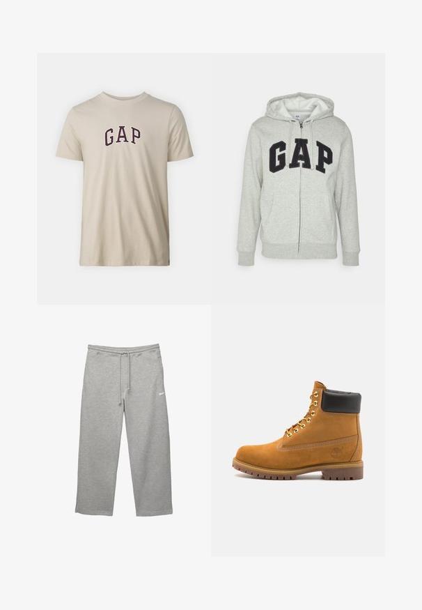 Szara bluza z kapturem na zamek z przednią kieszenią typu kangur, z czarnym logo "GAP". Miękka tkanina i regulowany kaptur z sznurkiem.; GAP - T-shirt z nadrukiem; Szare dresy wykonane z miękkiego materiału, z elastycznym pasem, regulowanym sznurkiem i bocznymi kieszeniami. Posiadają małe białe logo.; Beżowe zamszowe botki sięgające kostki z czarną wyściełaną krawędzią, złotymi oczkami, białymi detalami szycia oraz wytrzymałą gumową podeszwą z wyraźnym bieżnikiem.
